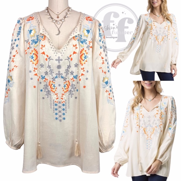 Andree By Unit Embroidered Boho Floral Peasant Flowers Tunic Shirt Blouse Top - Picture 1 of 10